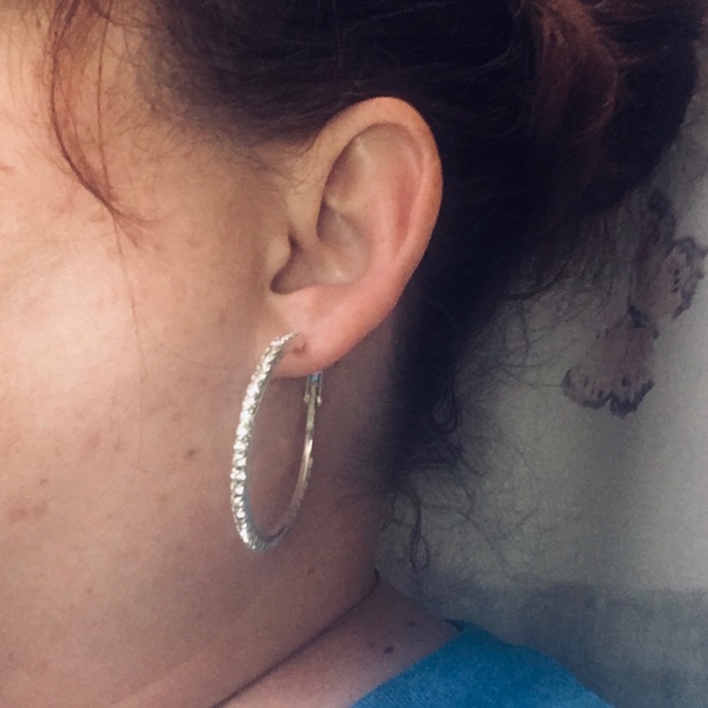 Silver Tone Rhinestone Hoop Earrings - Picture 2 of 2
